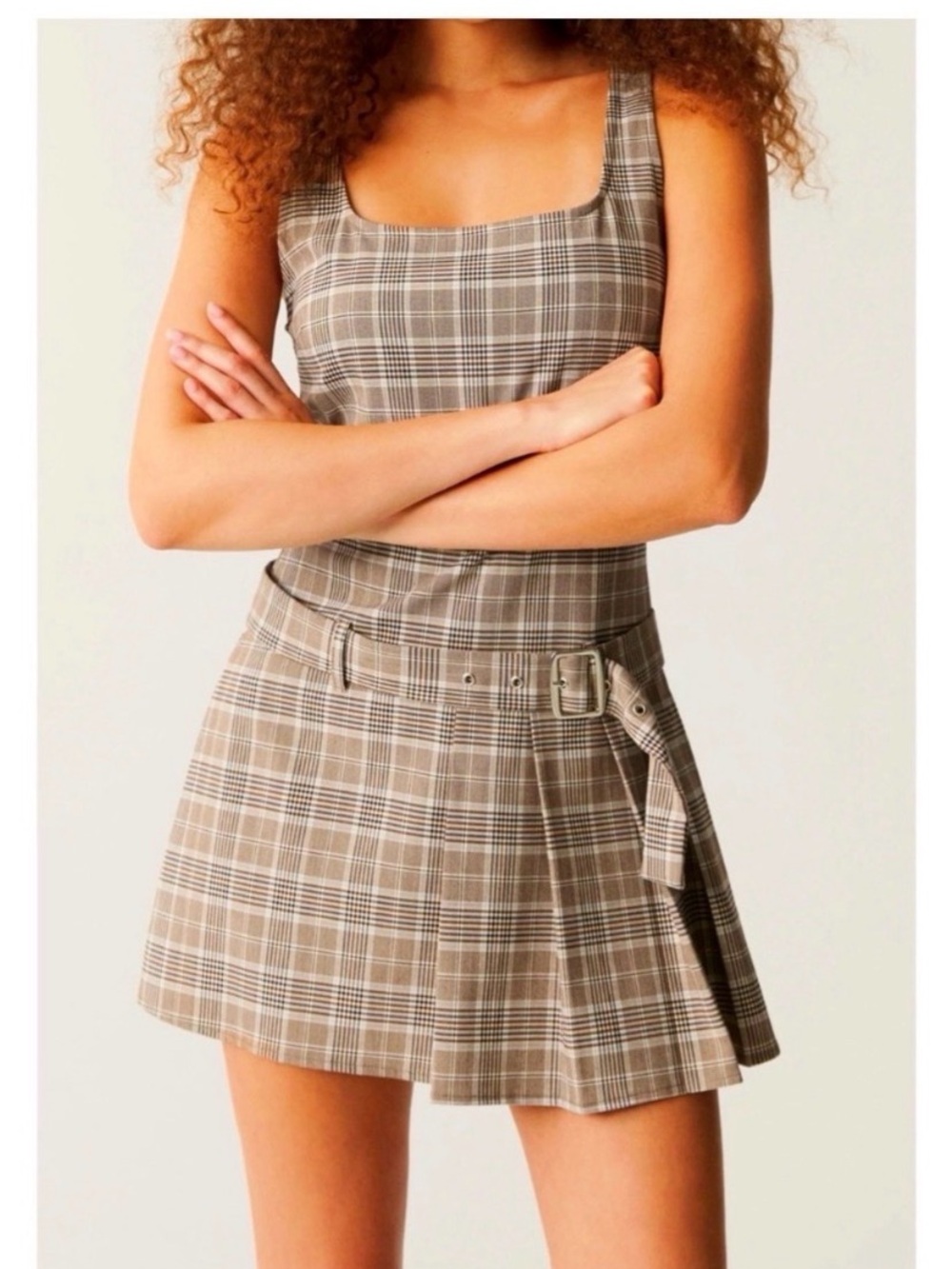 PULL&BEAR Plaid Pleated Belted Mini Dress Size Medium New! - Picture 3 of 6